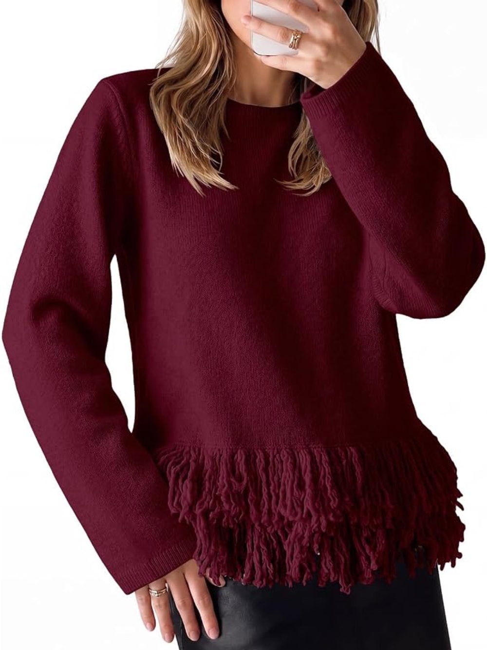 Women’s Fringe Hem Sweater - Burgundy